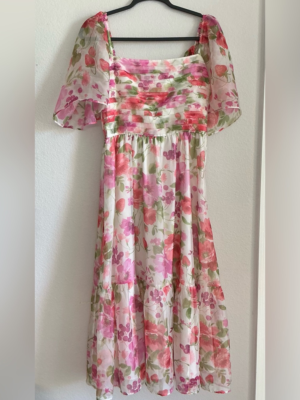Abercrombie & Fitch Pink and Green Floral Chiffon Midi Dress